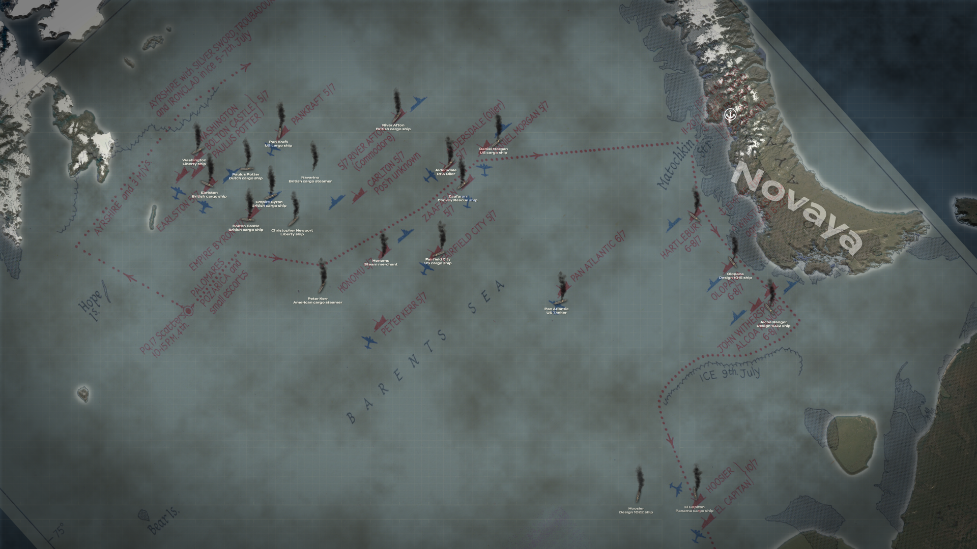 Annotated naval map with ship routes and aircraft tracks around Novaya Zemlya