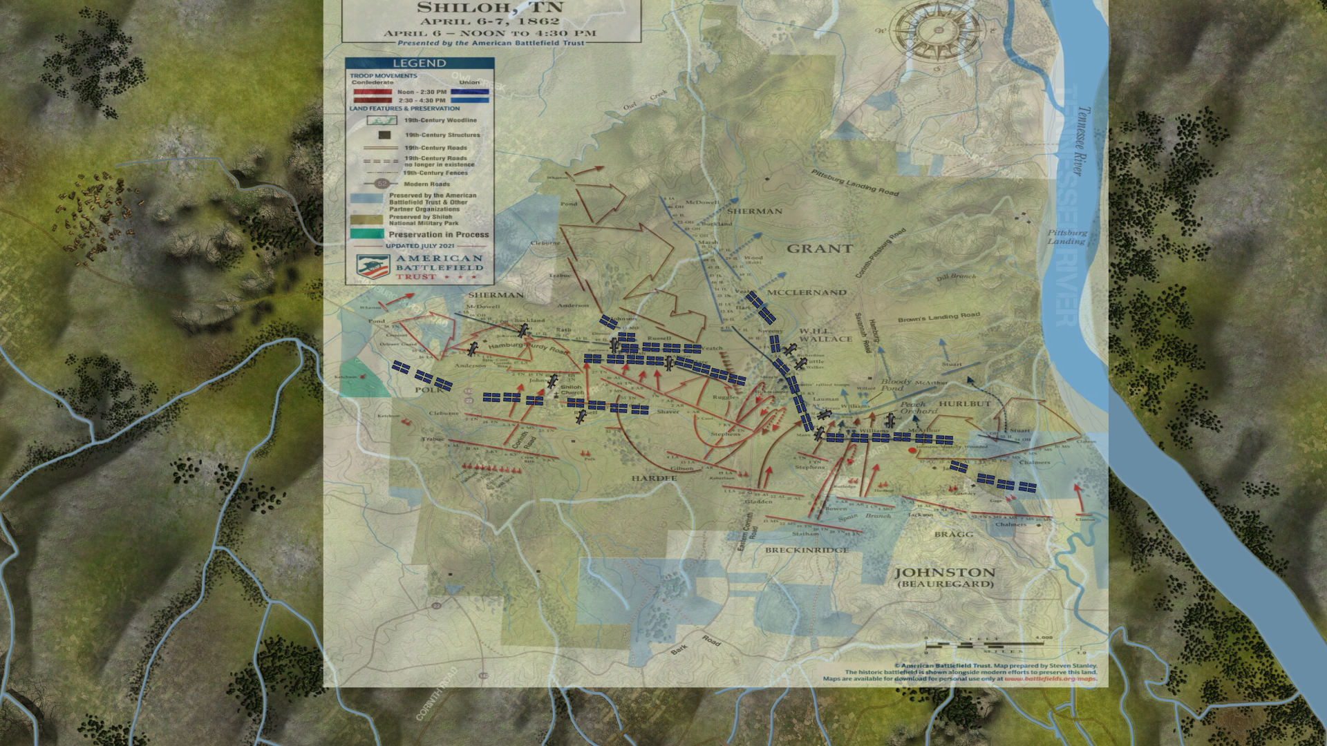 Shiloh battle map with troop movements and historical map reference