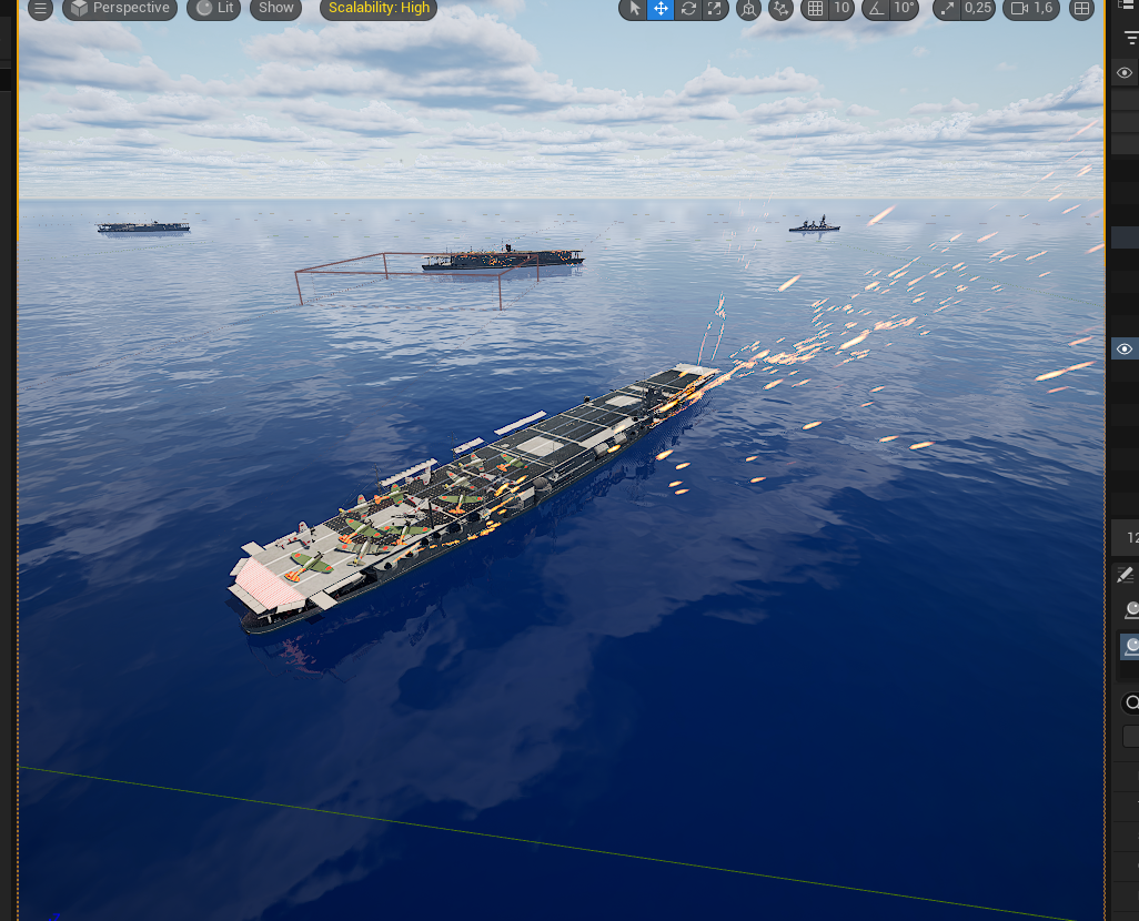 Unreal Engine scene with aircraft carrier under fire