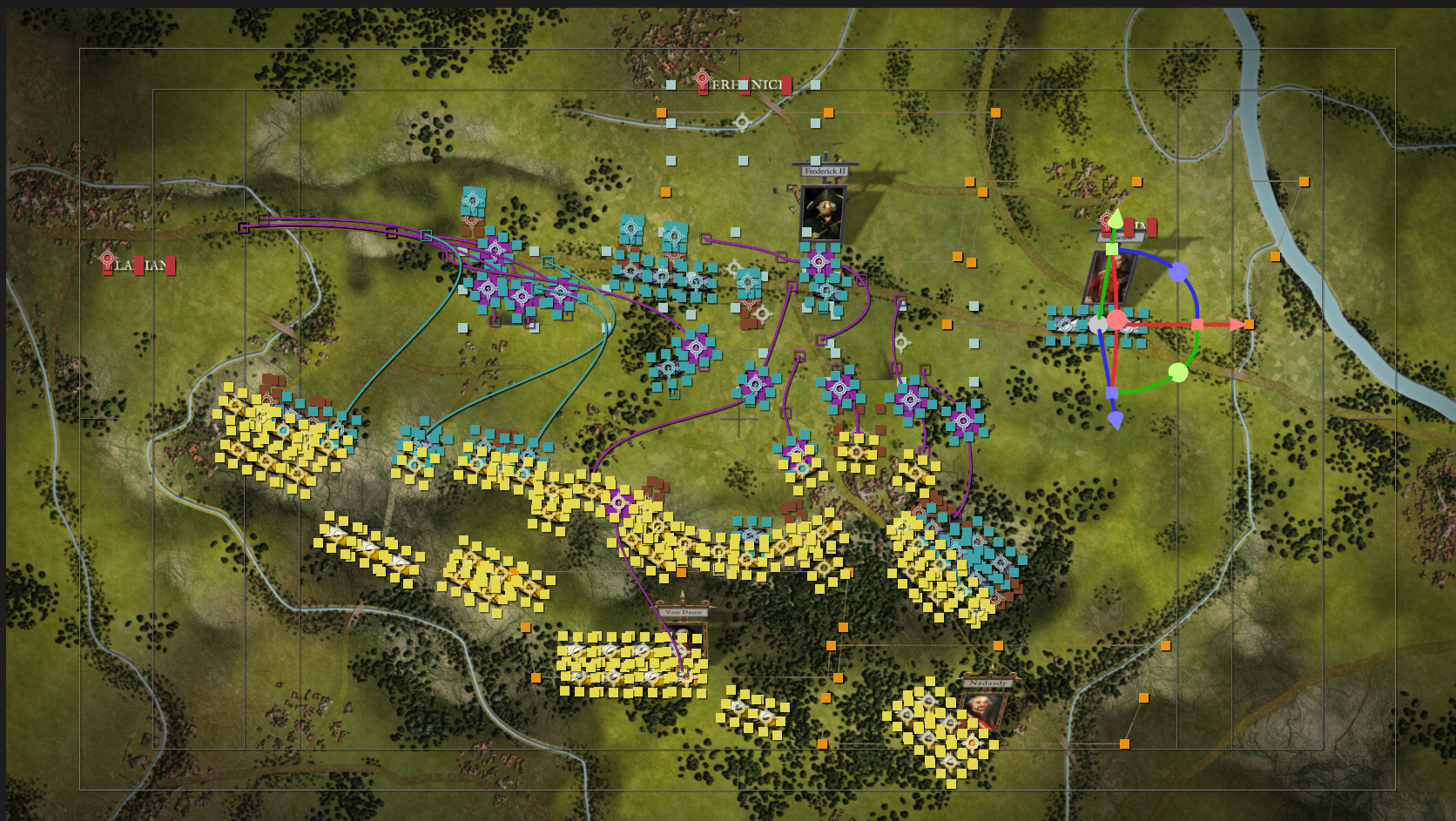 Working battle map layout with unit markers, movement paths, and edit handles