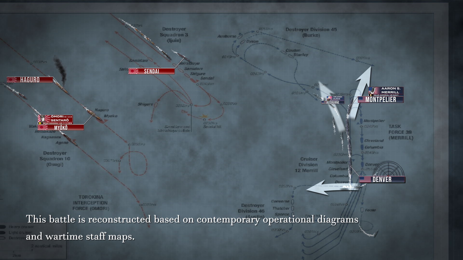 Manually animated naval battle sequence with ship tracks and shell splashes
